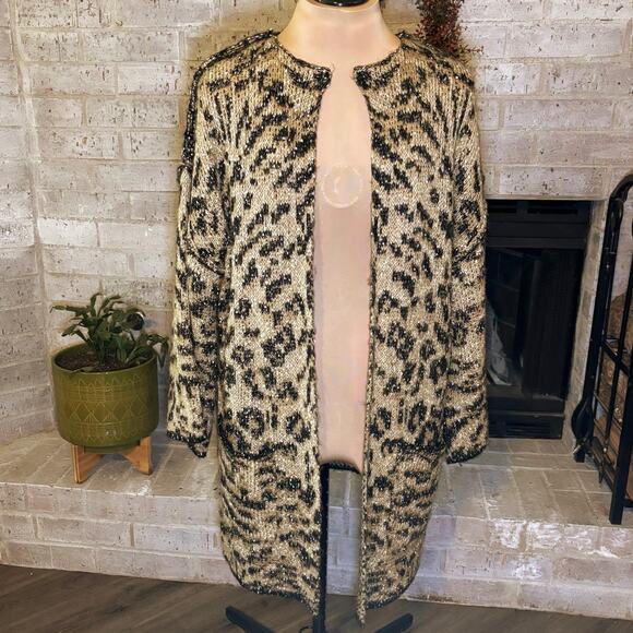 Democracy Open Front Animal Print Cardigan Size Large Bell Sleeves Pockets - Picture 1 of 10